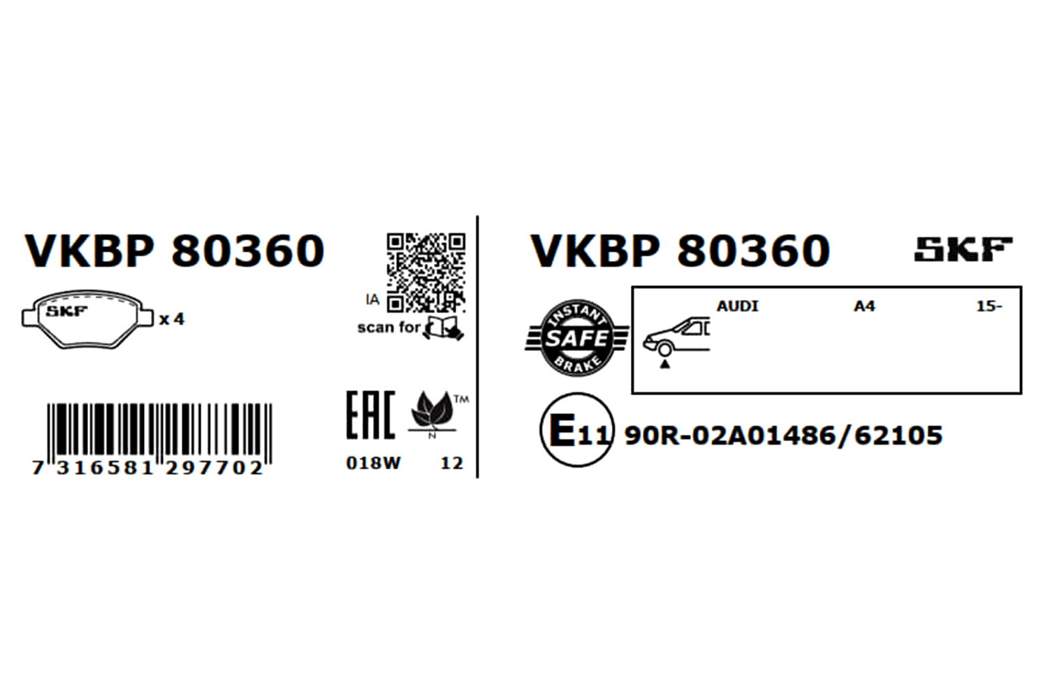 Комплект тормозных колодок, дисковый тормоз - VKBP 80360 SKF